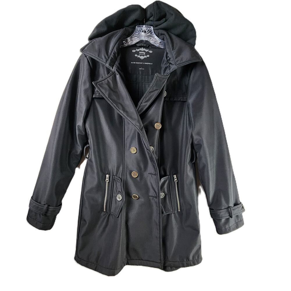 Sebby Collection Hooded Waterproof Trench Coat Women Large Black Double Breasted